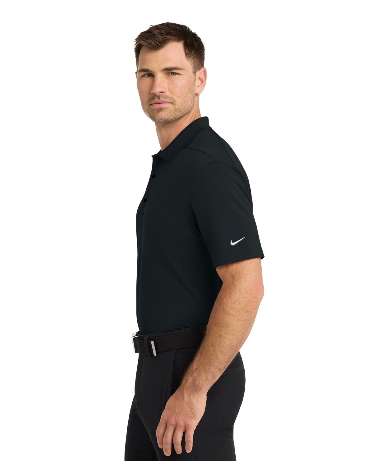 Man wearing a black Nike polo shirt on a white background side view