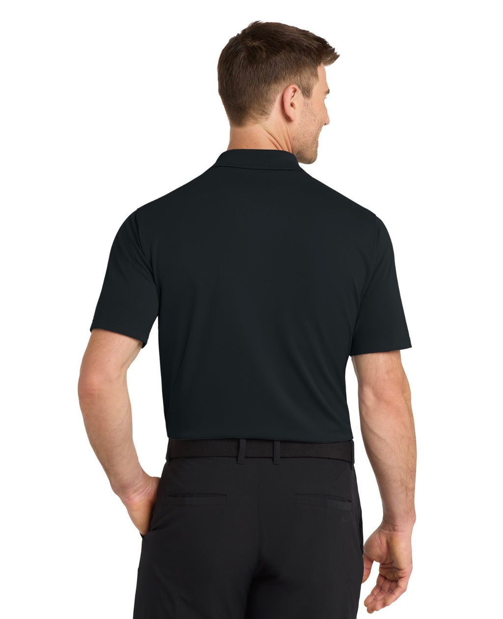 Man wearing a black polo shirt and pants on a white background back view