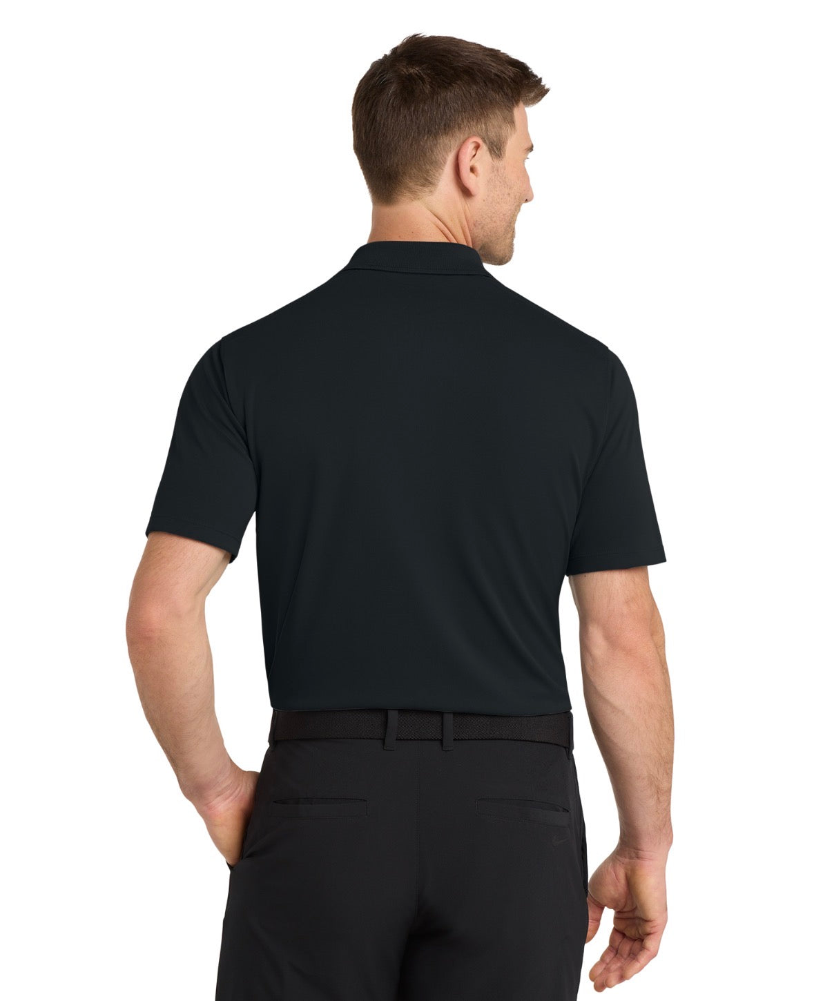 Man wearing a black polo shirt and pants on a white background back view