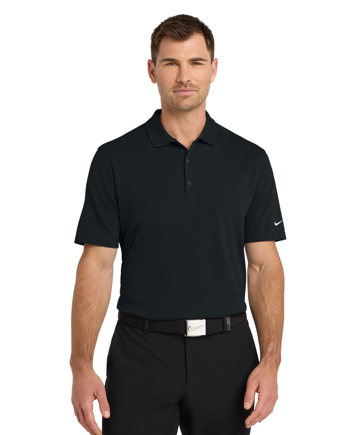 Man wearing a black Nike polo shirt on a white background