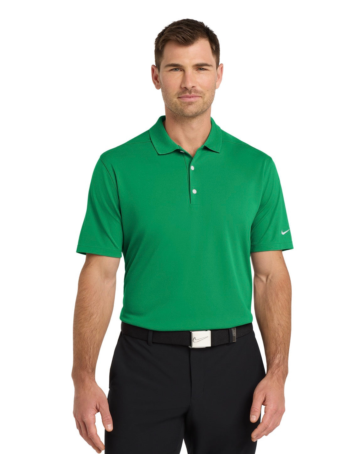 Man wearing a green Nike polo shirt on a white background