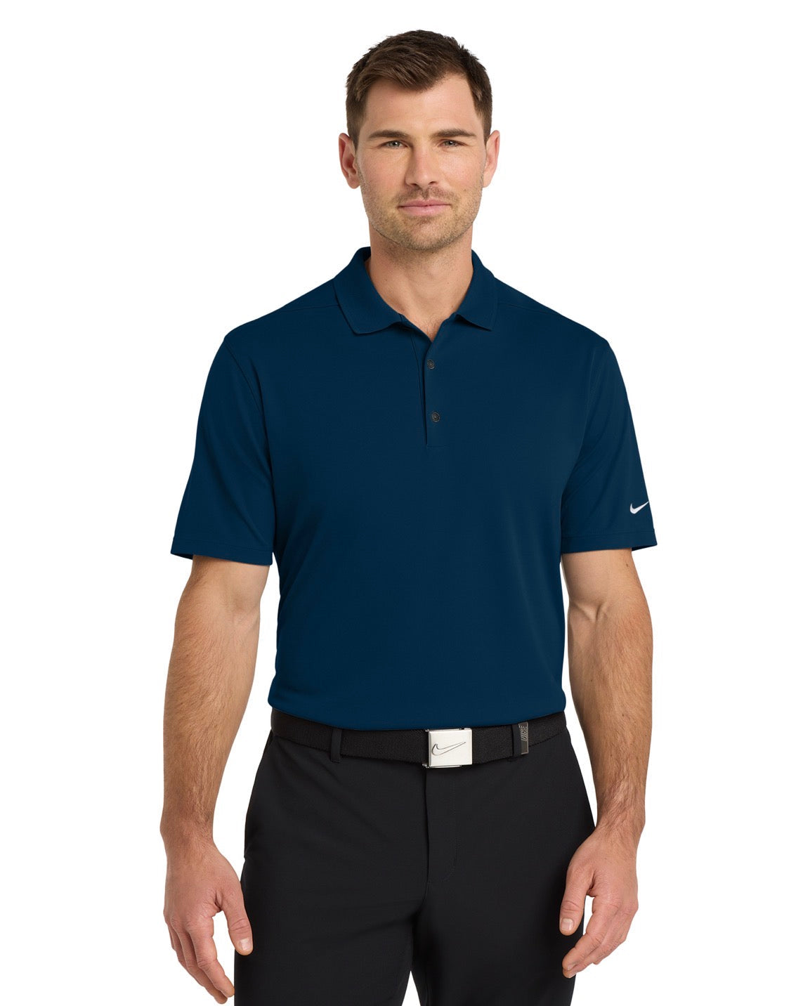 Man wearing a navy blue Nike polo shirt on a white background