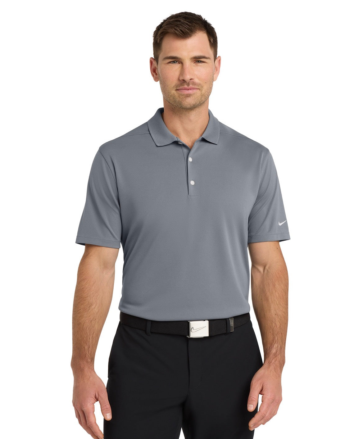 Man wearing a gray Nike polo shirt on a white background