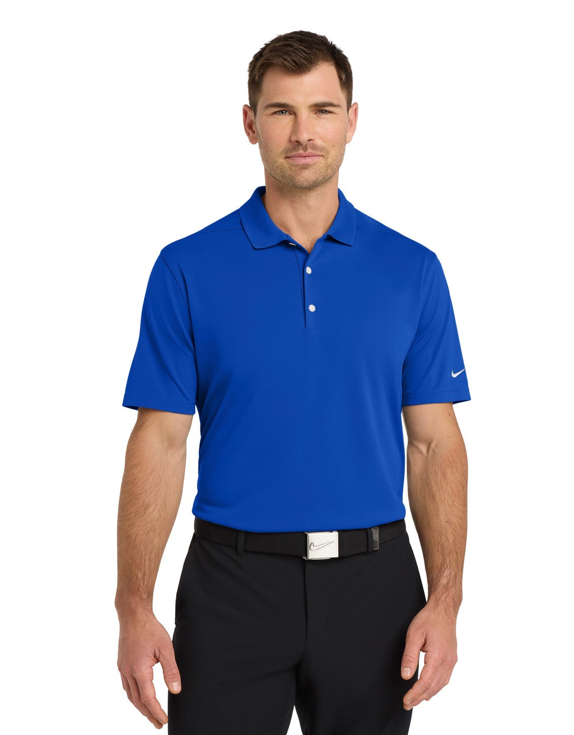 Man wearing a blue Nike polo shirt on a white background