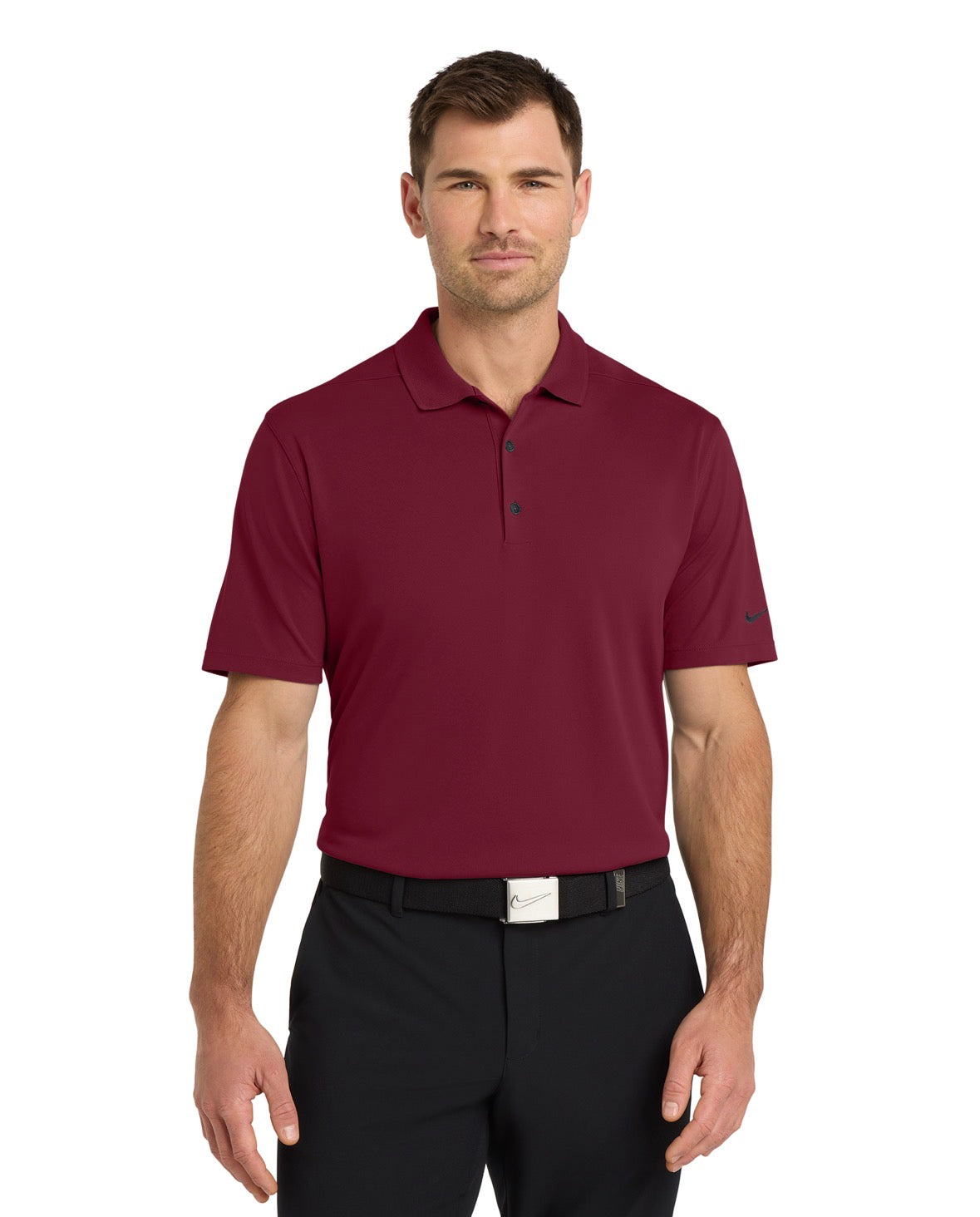 Man wearing a dark red Nike polo shirt on a white background