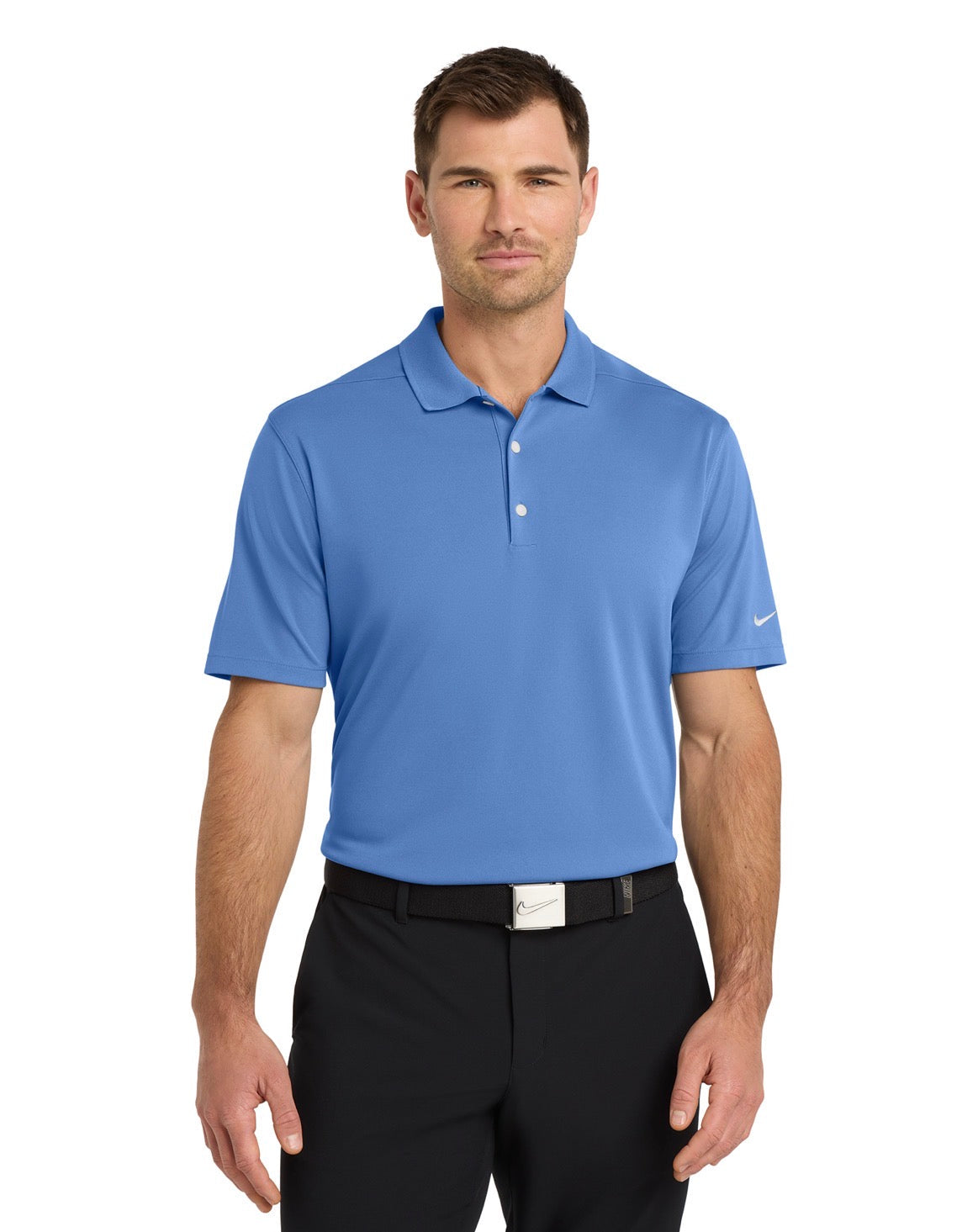 Man wearing a blue polo shirt and black pants on a white background