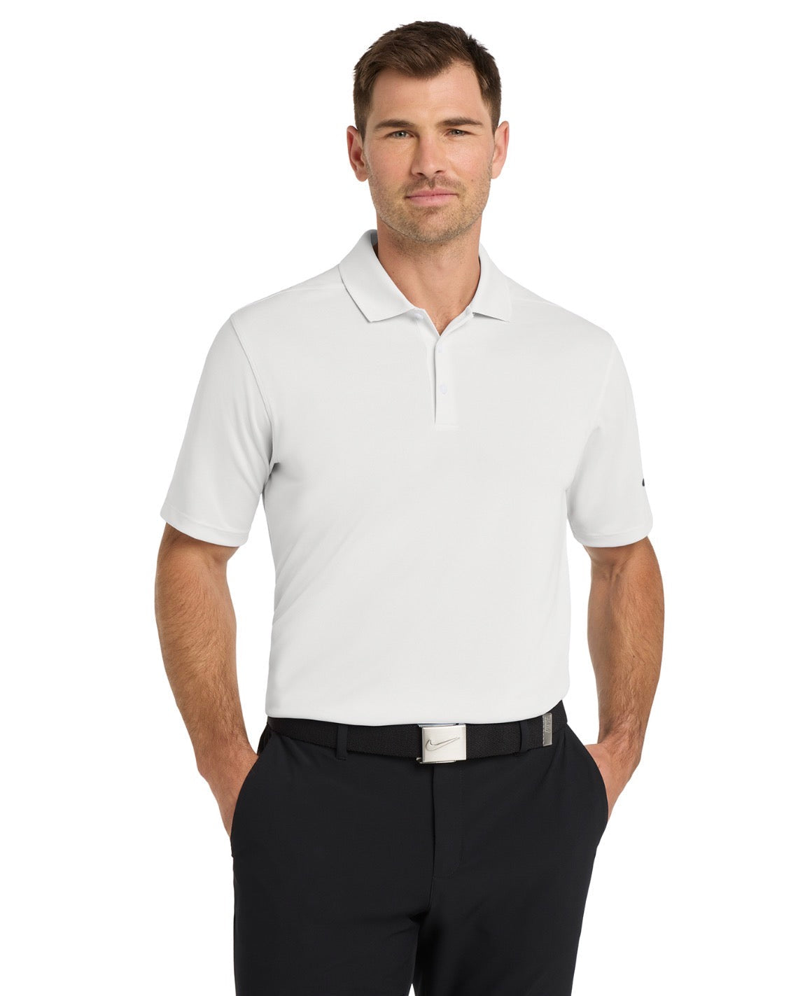 Man wearing a white polo shirt and black pants on a white background