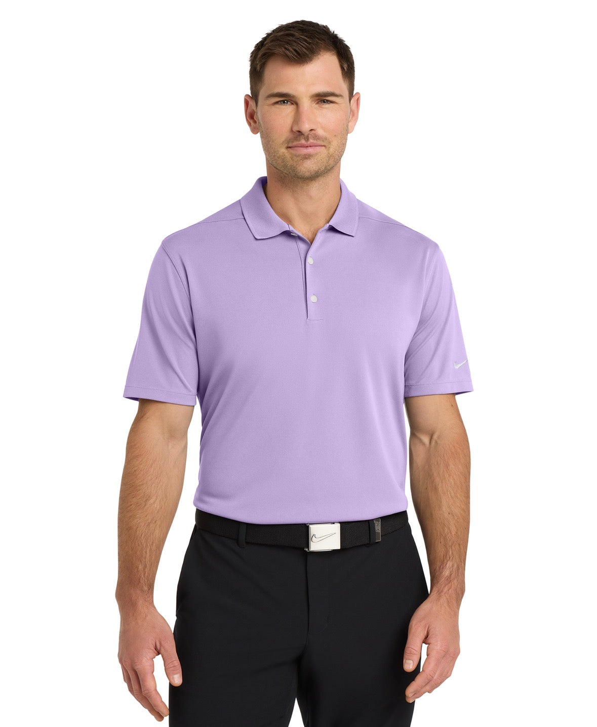 Man wearing a light purple polo shirt and black pants on a white background