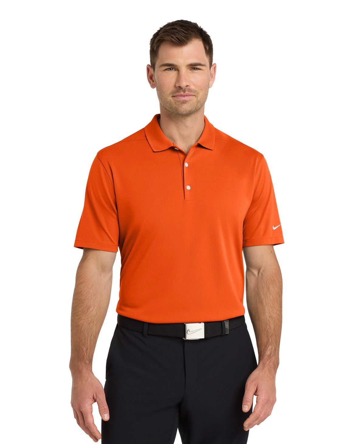 Man wearing an orange Nike polo shirt on a white background