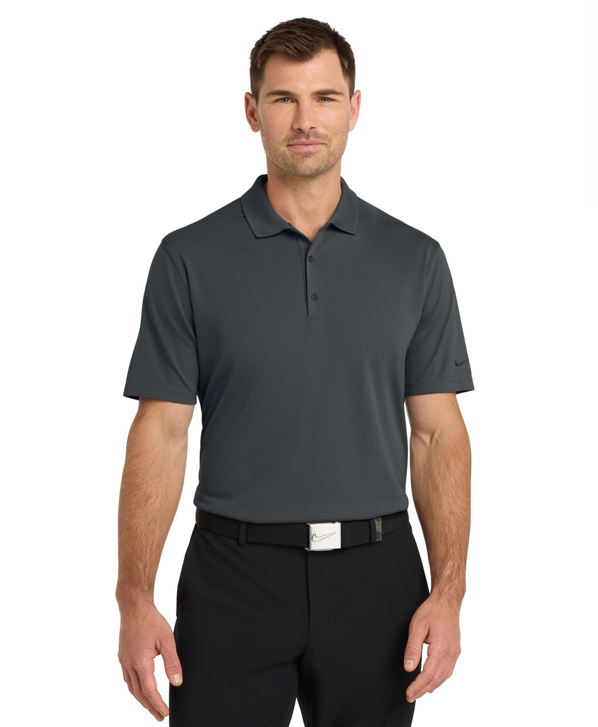 Man wearing a gray polo shirt and black pants on a white background